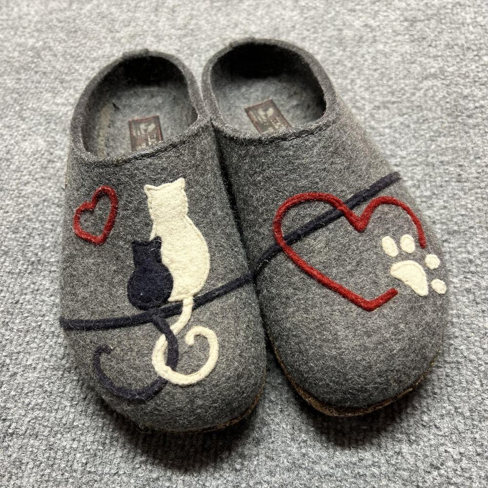 Haflinger Slippers Womens 7.5 EU 38 Gray Wool Clog Cat Heart Felt Comfort Shoes